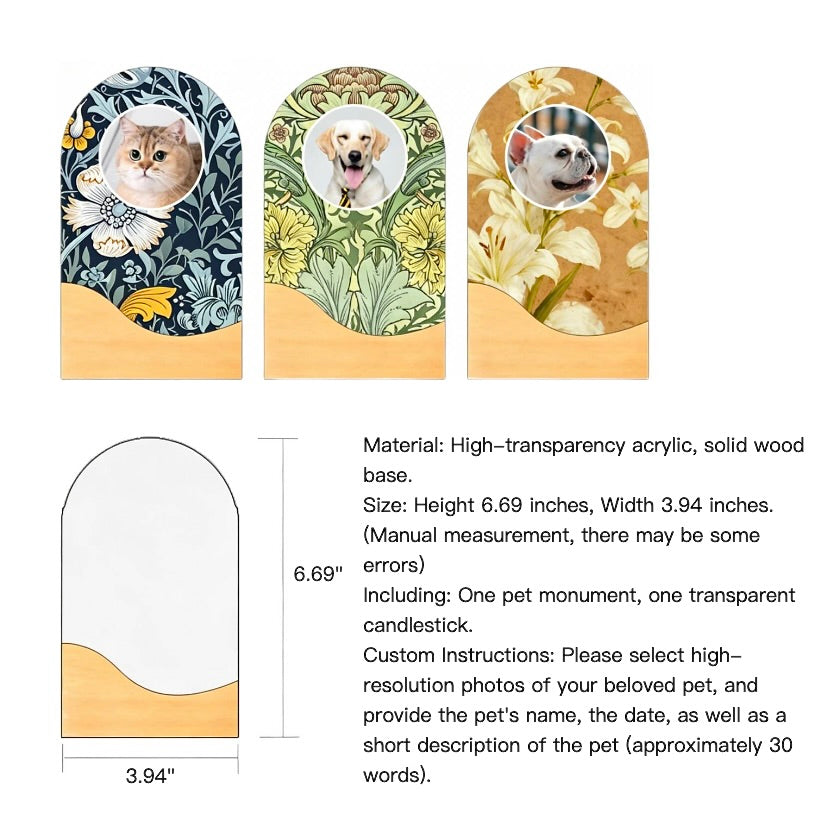 Three pet memorials with different designs and a description of product details.