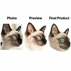Photo to digital preview to final 3D embroidered cat portrait keychain.