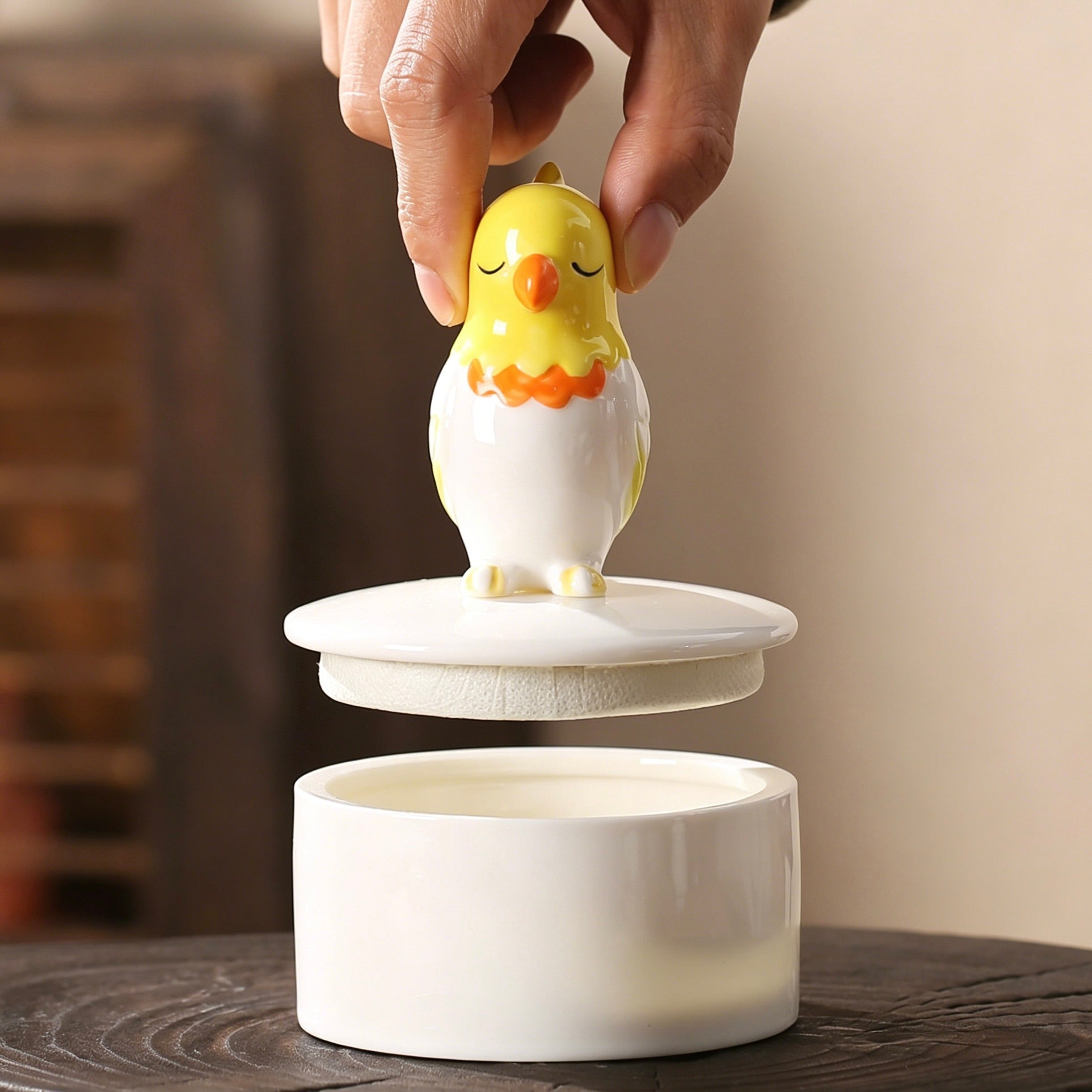 Ceramic chicken-shaped lid being lifted off a white container on a wooden surface.