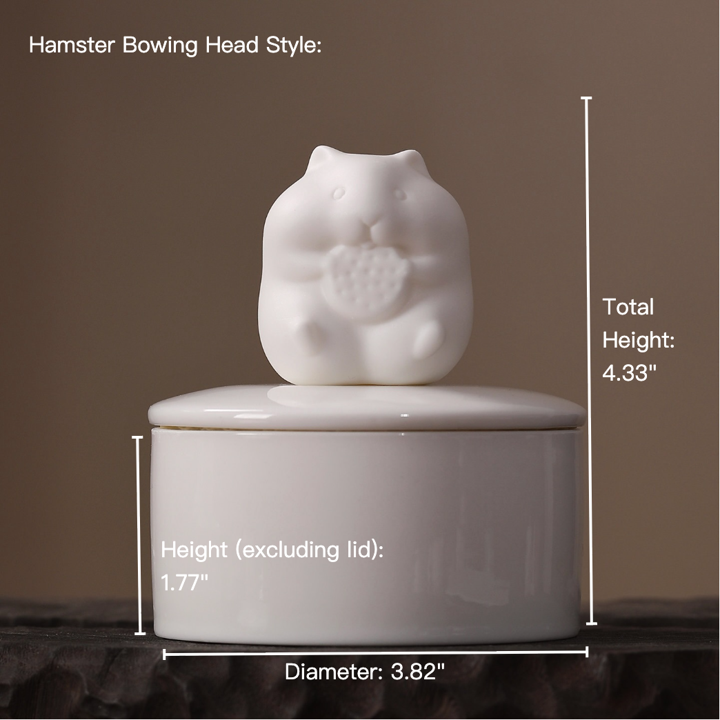 White ceramic container with hamster-shaped lid on a brown background