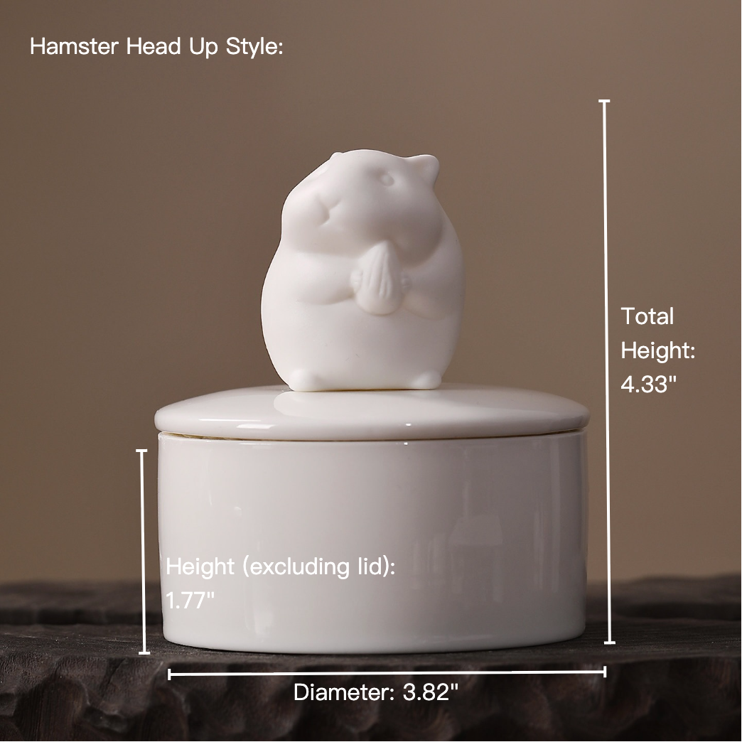 White ceramic hamster-shaped container with measurements on a brown background