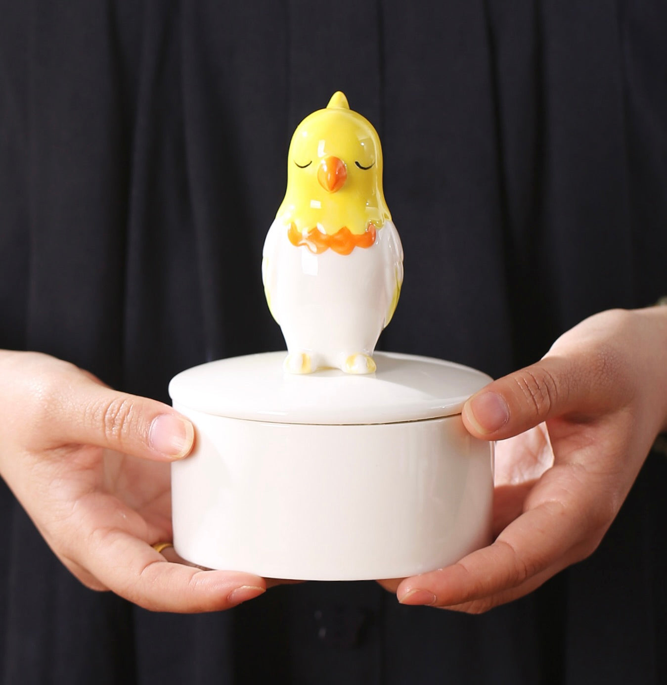 White decorative box with a yellow chick on top held by two hands against a black background