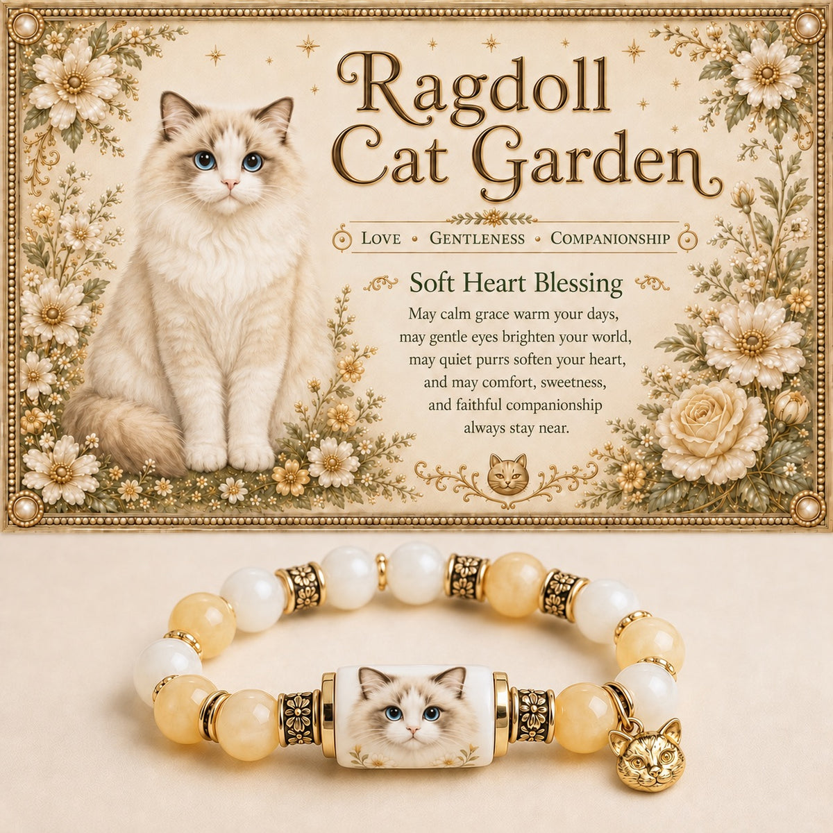 Ragdoll cat crystal beaded stretch bracelet with cream, gold, and brown beads, featuring a central cat portrait flanked by gold-tone decorative spacers and a cat-shaped charm.