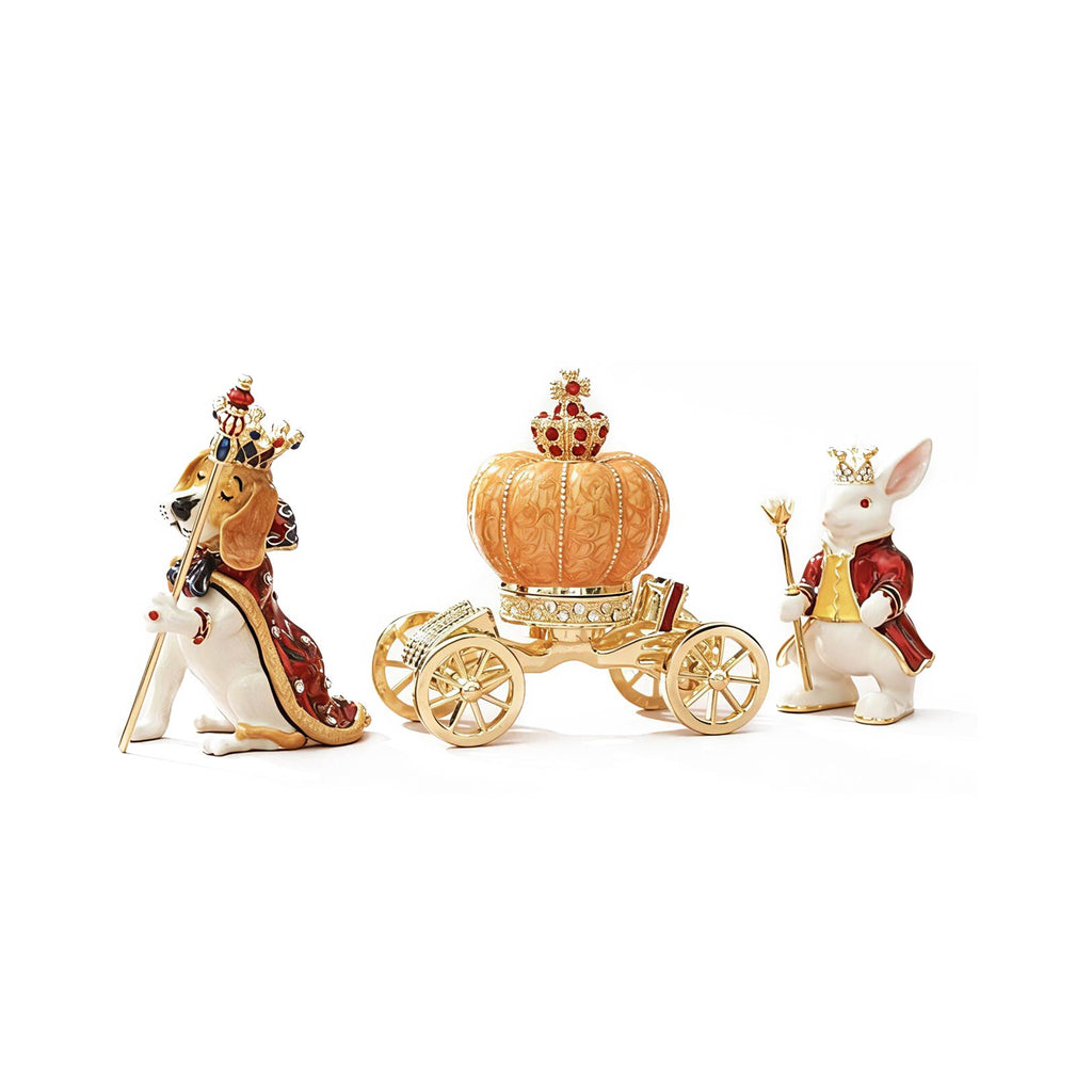 Decorative figurines of a horse, carriage, and rabbit on a white background