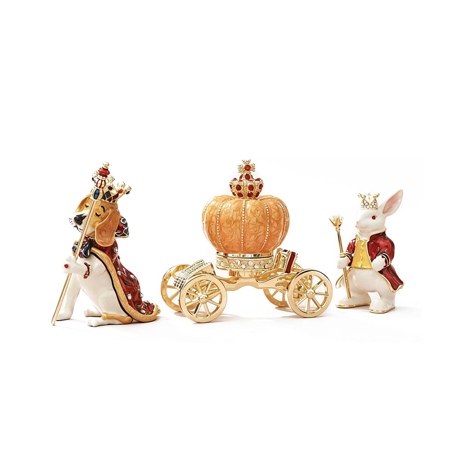 Decorative figurines of a horse, carriage, and rabbit on a white background