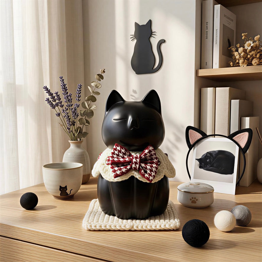 Cat-shaped decorative item with a bow tie on a wooden surface, surrounded by small items and decor.