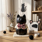 Cat-shaped decorative item with a bow tie on a wooden surface, surrounded by small items and decor.