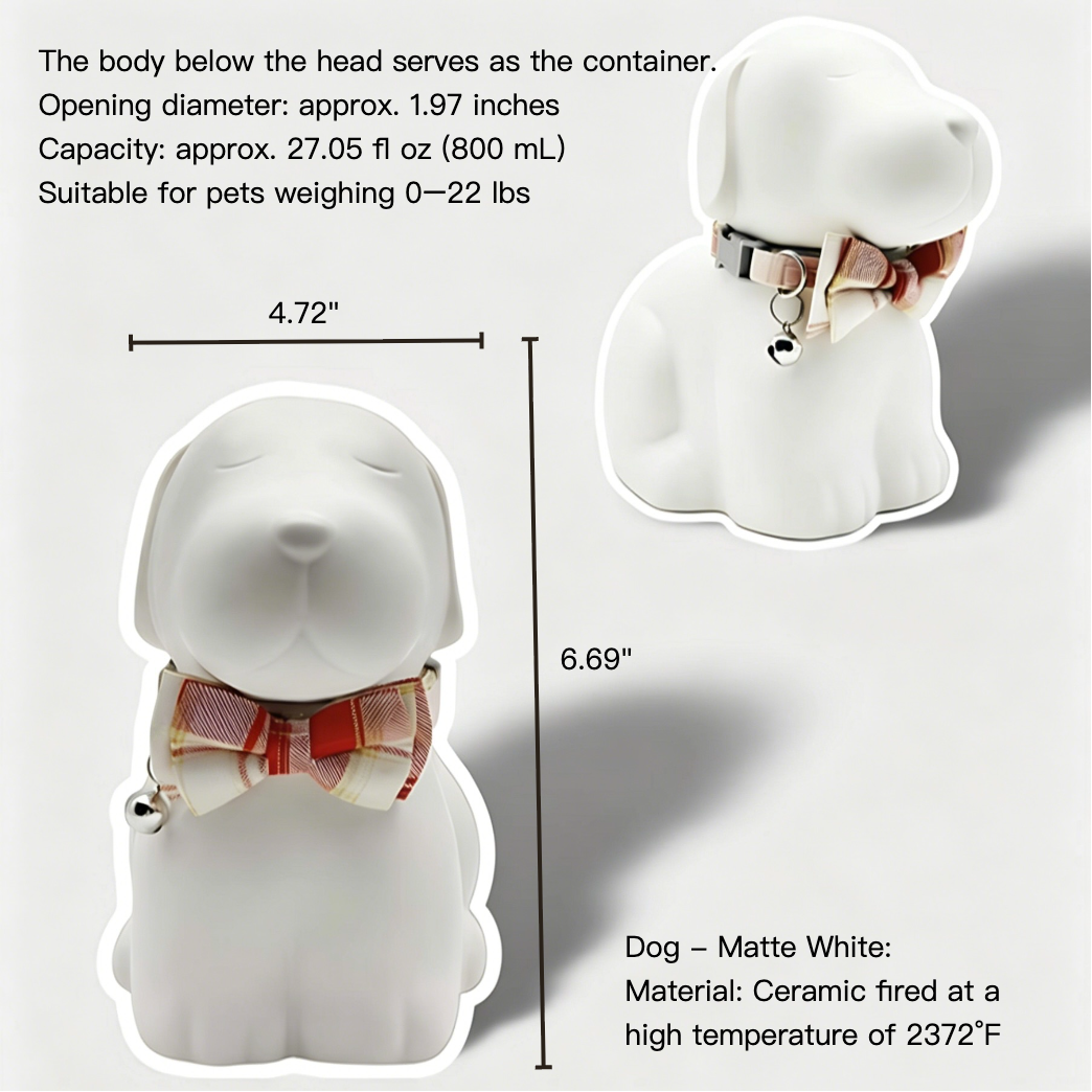 White ceramic dog-shaped container with measurements and details on a gray background
