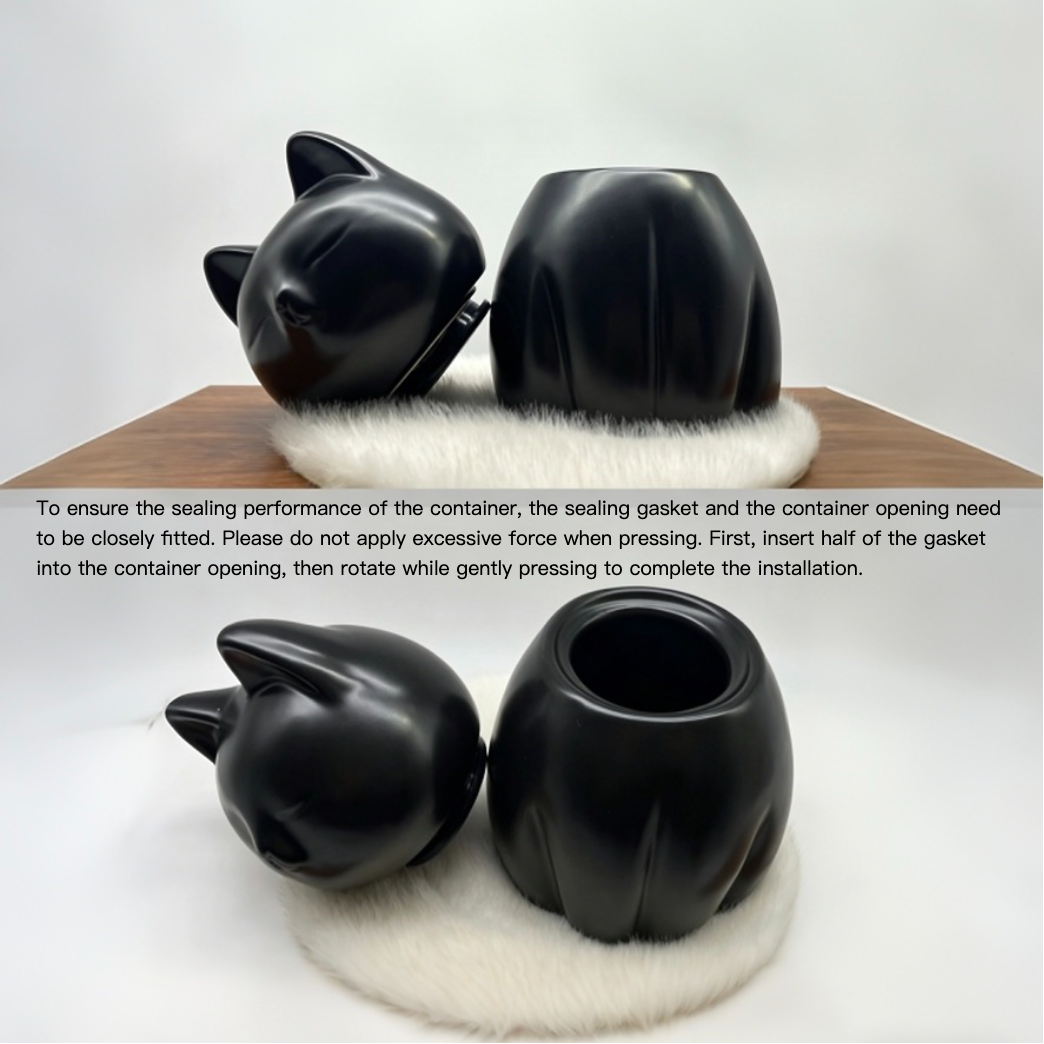 Black cat-shaped containers on a white background with text instructions.