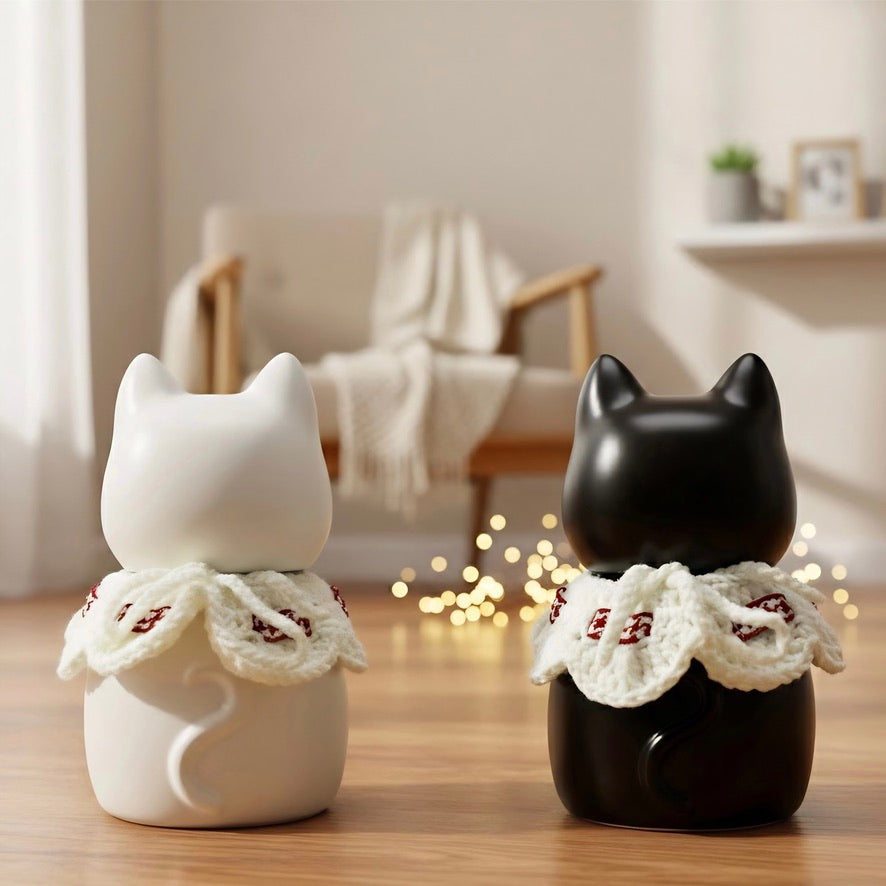 Two cat-shaped decorative items with lace details on a wooden surface.