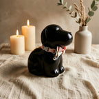 Black dog-shaped candle holder on a textured surface with candles and a vase in the background.