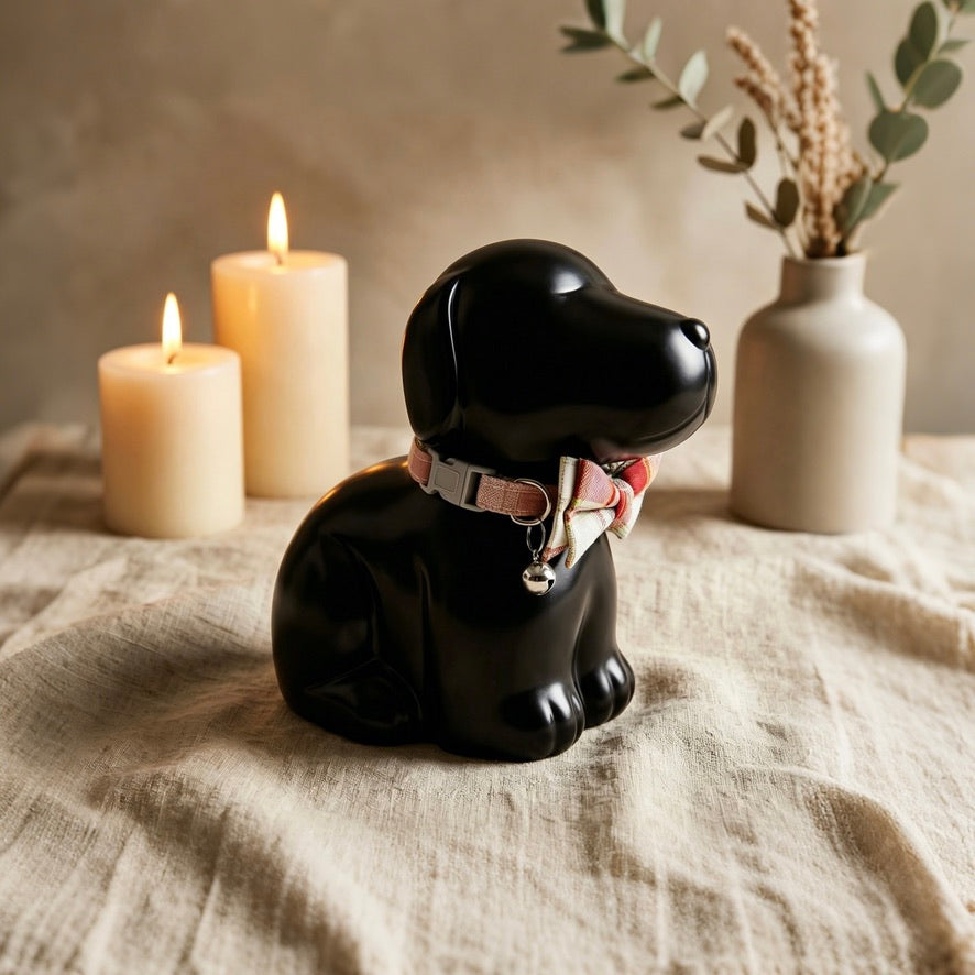 Black dog-shaped candle holder on a textured surface with candles and a vase in the background.
