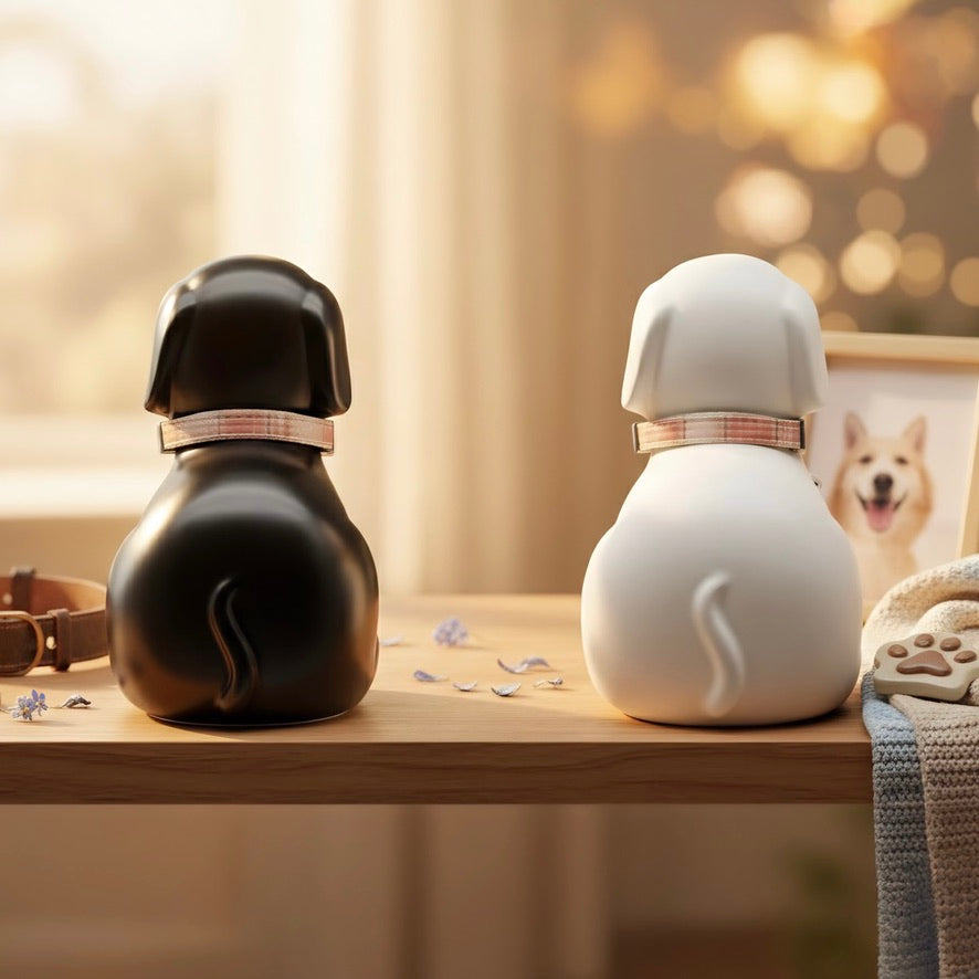 Two dog-shaped bottles, one black and one white, on a wooden surface with a blurred background.