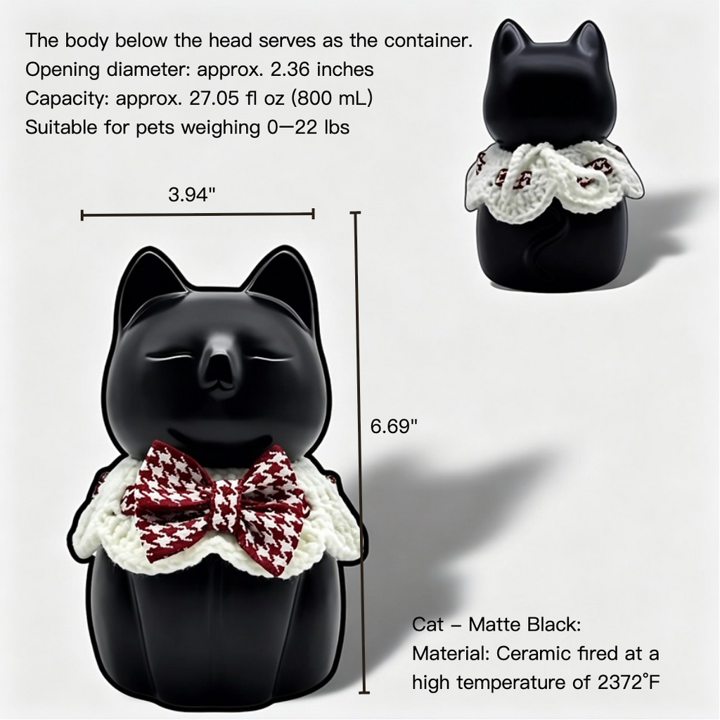 Black cat-shaped container with measurements and specifications on a white background