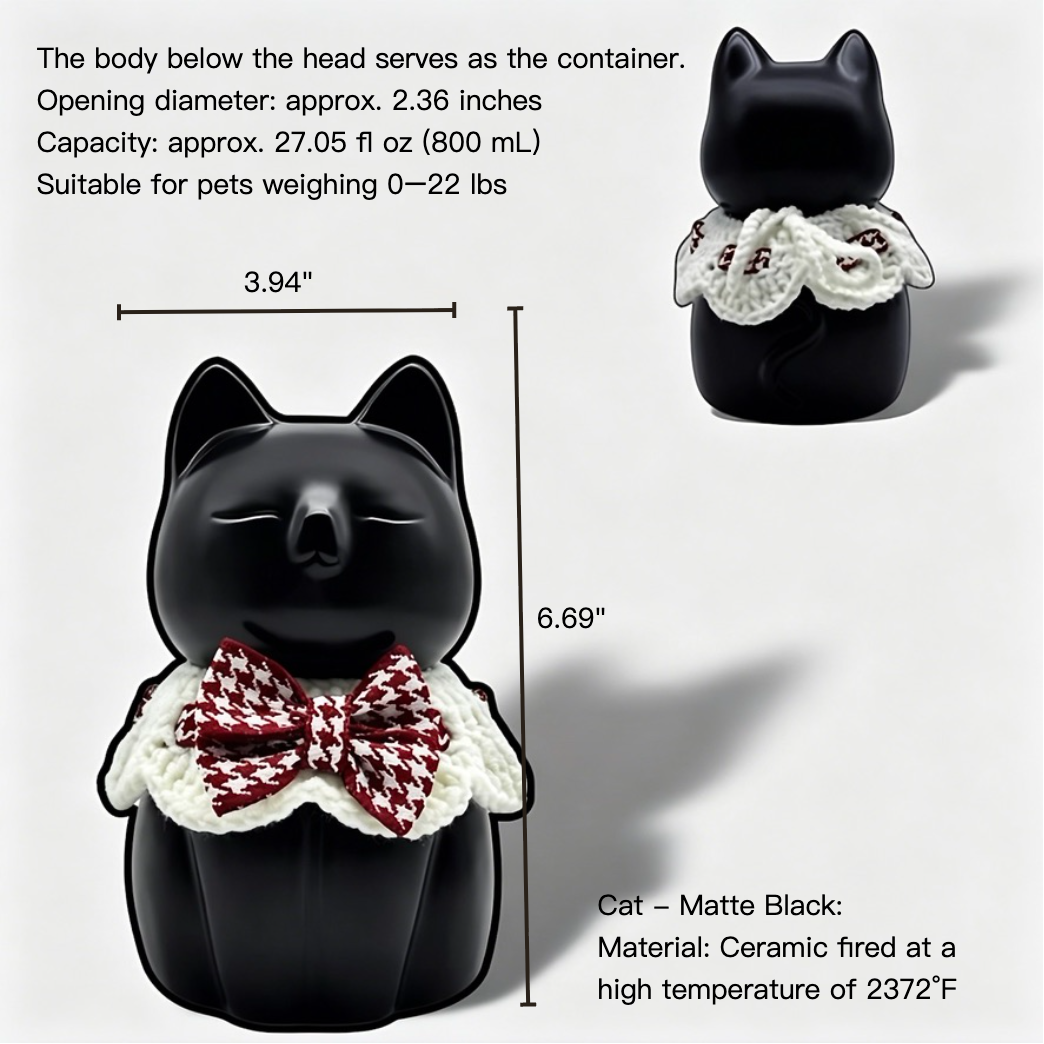 Black cat-shaped container with measurements and specifications on a white background