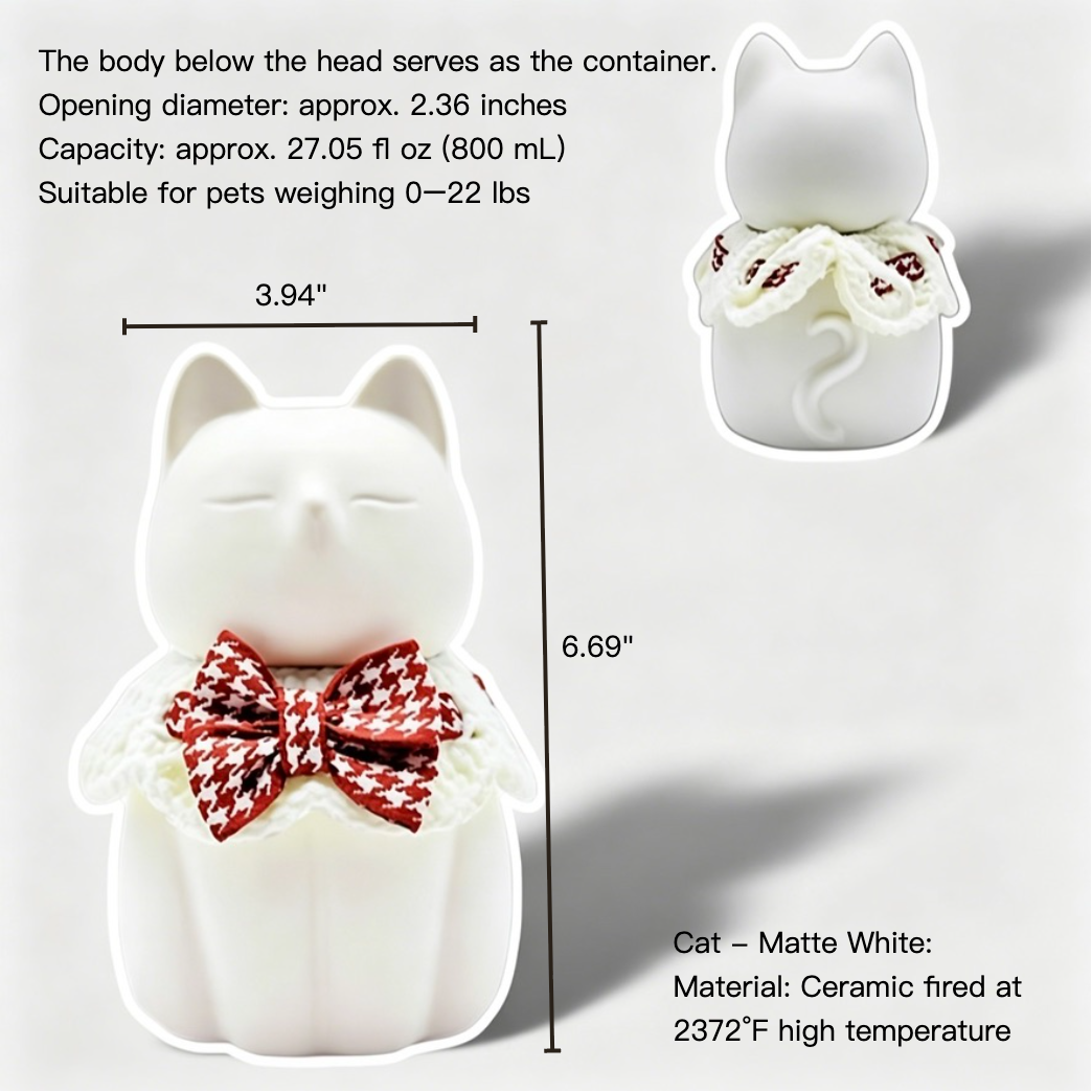 Ceramic cat-shaped container with measurements and specifications on a white background