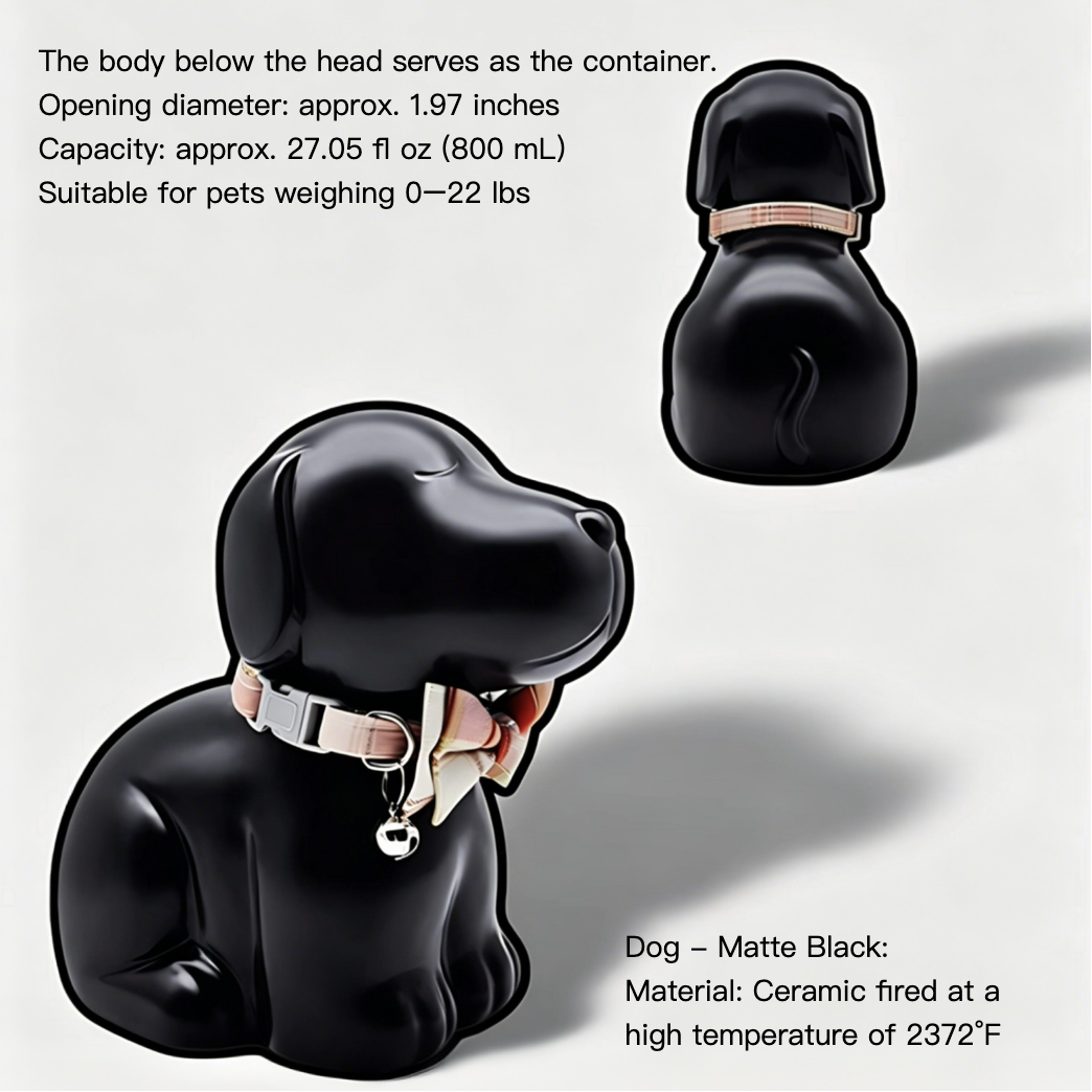 Black ceramic dog-shaped container with text detailing its dimensions and capacity on a white background.