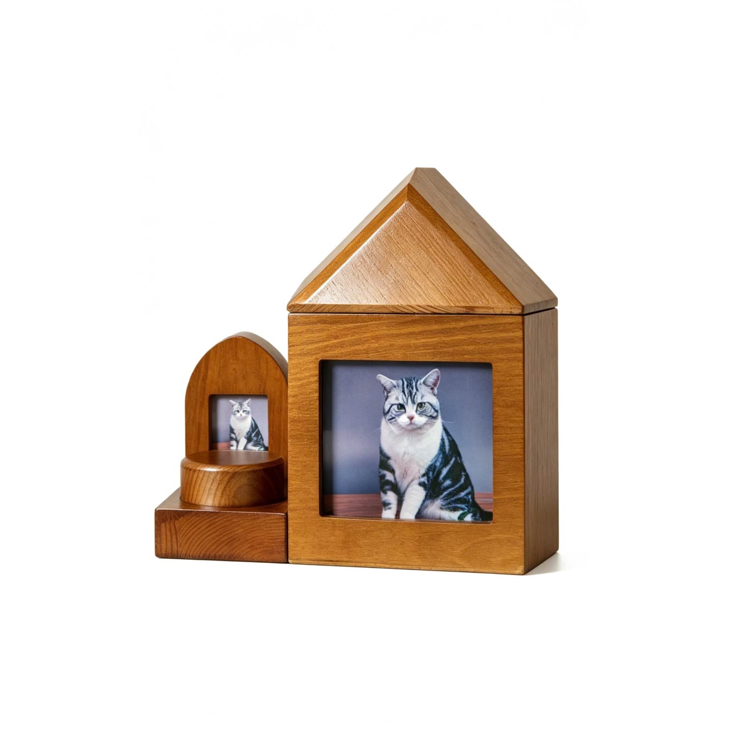 Wooden pet house-shaped photo frame with a cat picture on a white background
