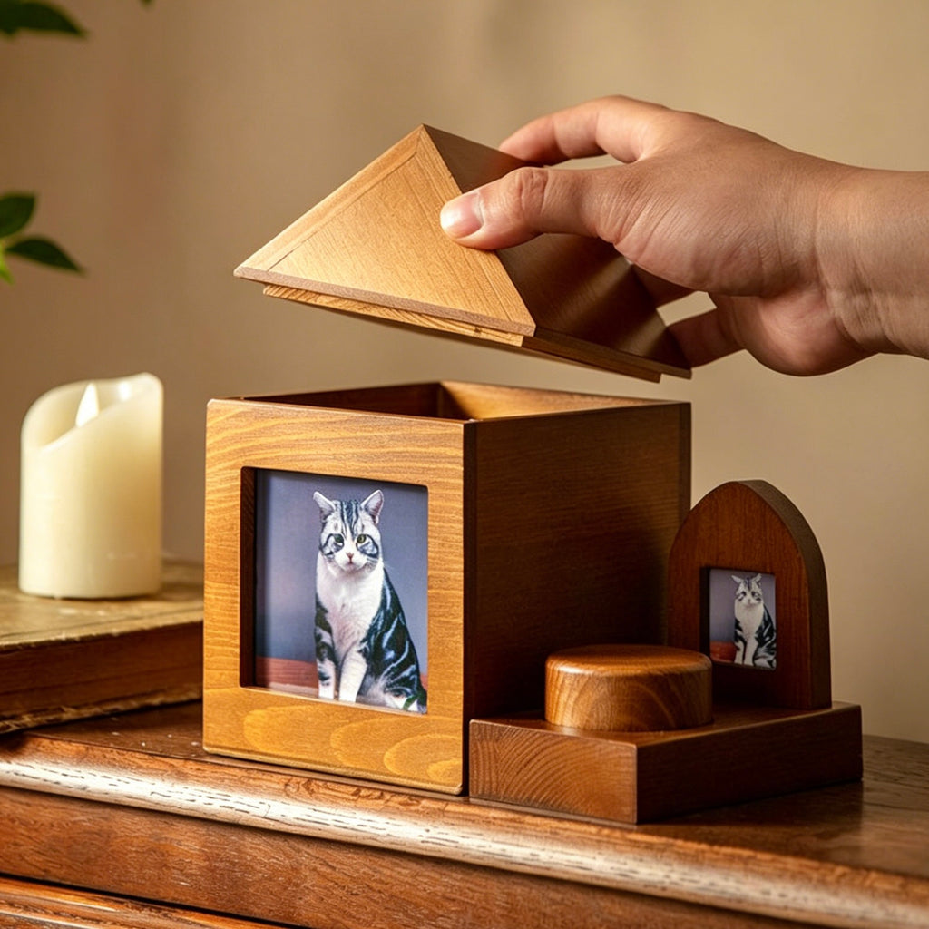 Wooden photo album with a hand opening it, displaying a cat photo, with a candle in the background.