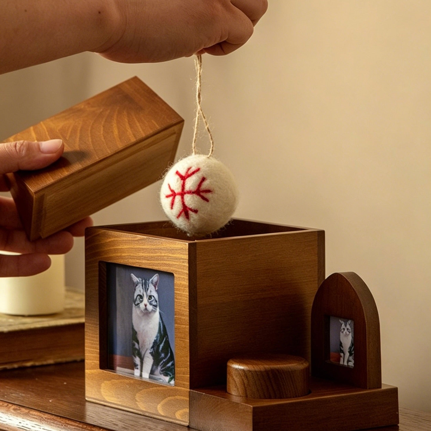 Wooden toy with a ball and compartments for photos, held by a hand.