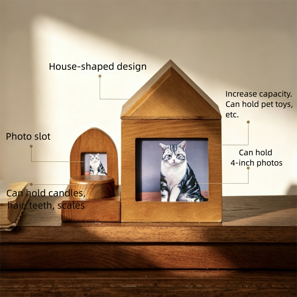 Wooden pet house with dimensions and capacity details on a white background