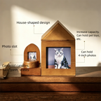 Wooden pet house with dimensions and capacity details on a white background