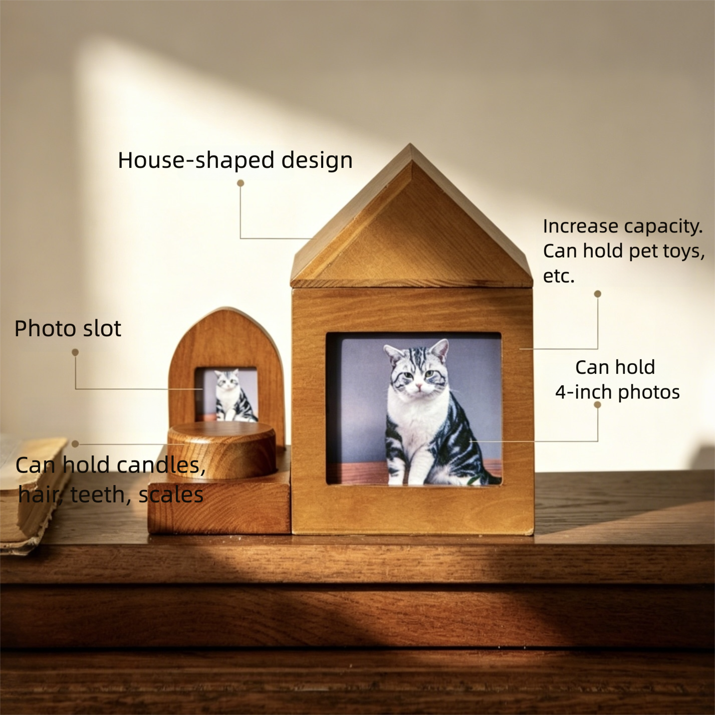 Wooden pet house with dimensions and capacity details on a white background