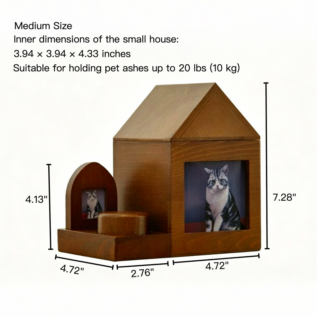 Wooden pet house with dimensions and capacity details on a white background
