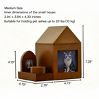 Wooden pet house with dimensions and capacity details on a white background