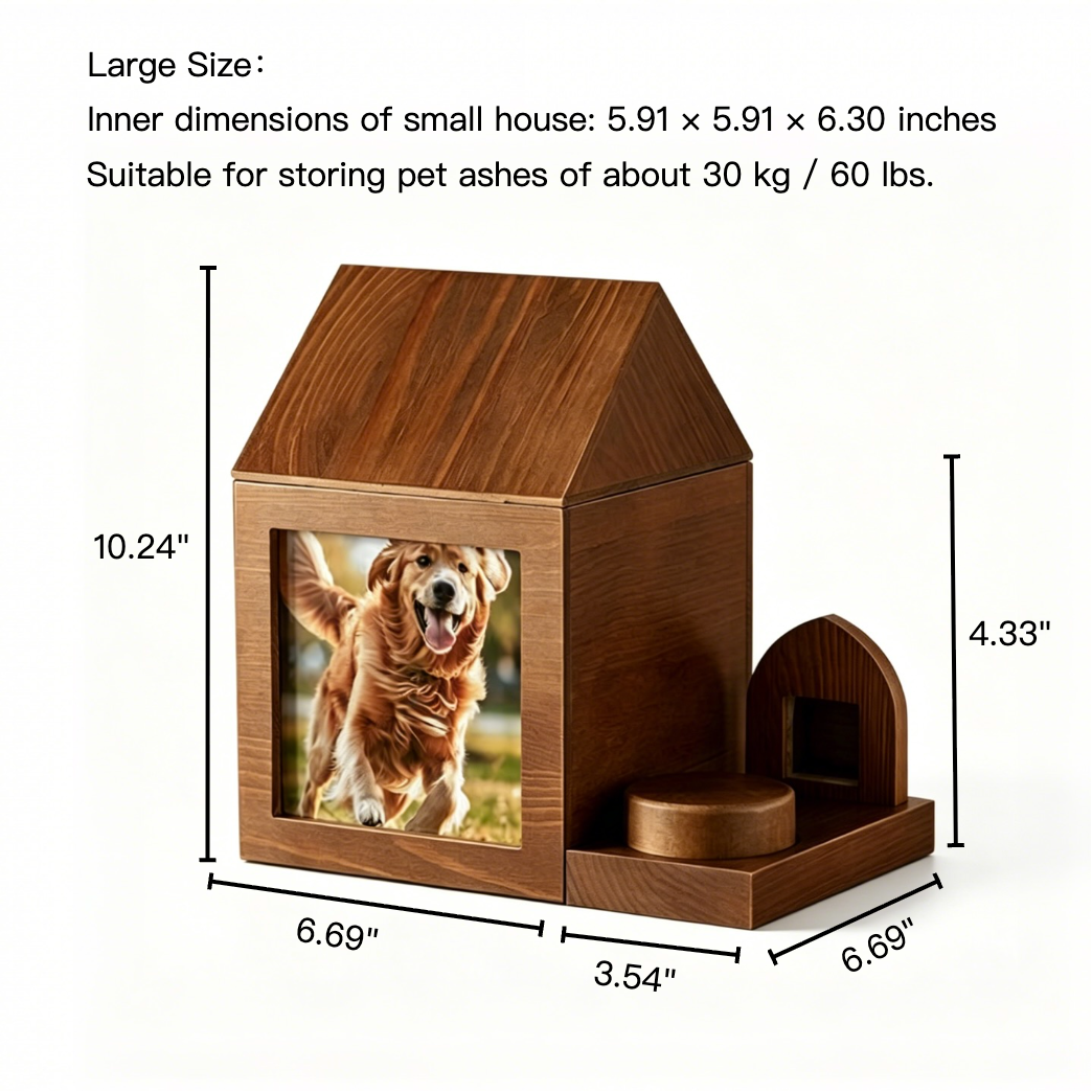 Wooden pet house with dimensions and a photo of a dog on a white background