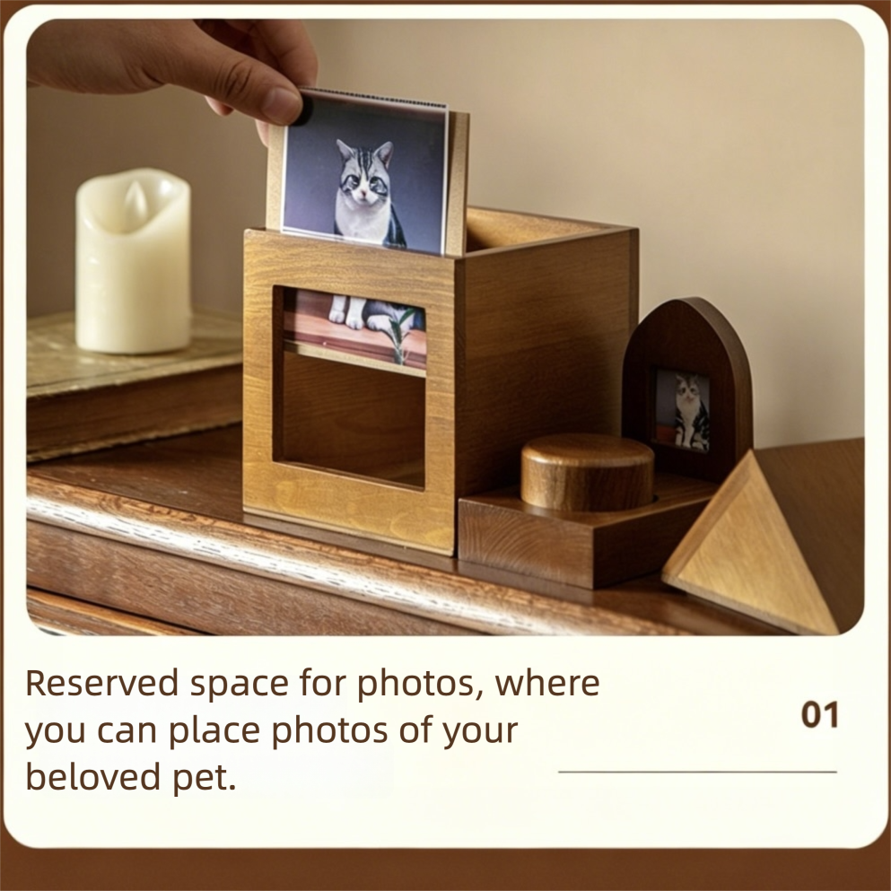 Wooden pet memorial with space for photos of a cat, on a wooden surface.