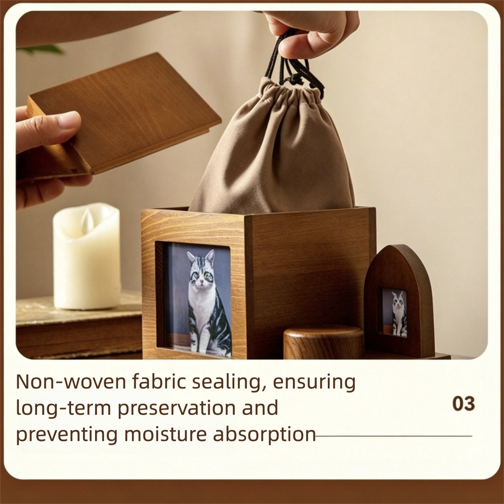 Wooden photo frames with cat pictures and a drawstring bag on a wooden surface.