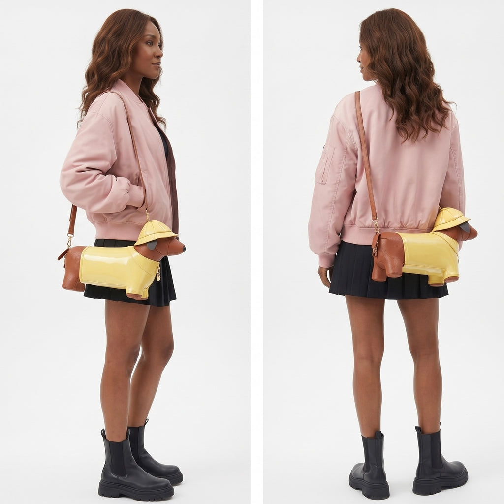 Woman wearing a pink bomber jacket, yellow bag, and black skirt on a white background