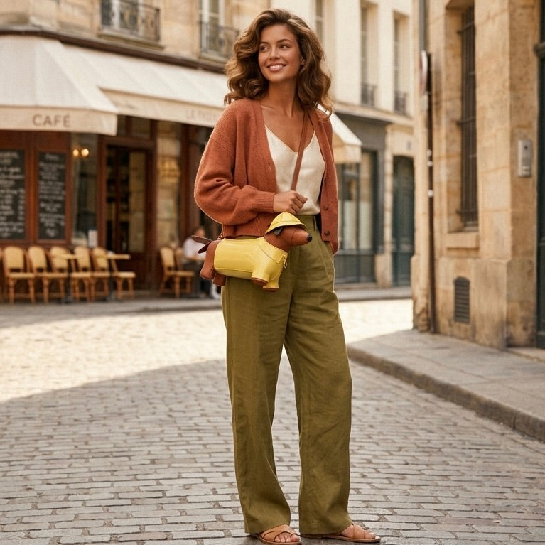 Woman in a brown cardigan and green pants standing on a street with a cafe in the background