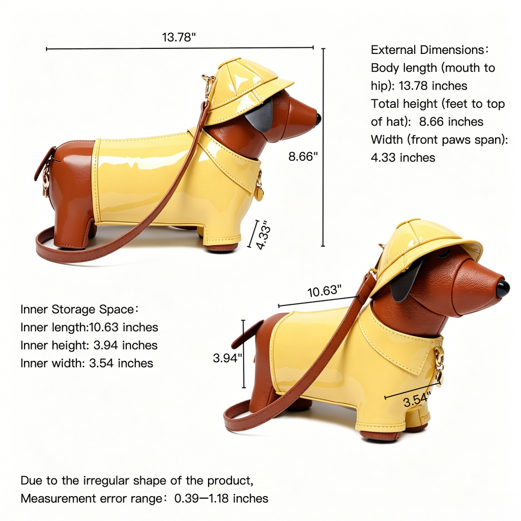Dog-shaped handbag with yellow raincoat and hat, showing measurements on a white background