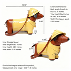 Dog-shaped handbag with yellow raincoat and hat, showing measurements on a white background