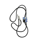 Black bolo tie with a decorative tag on a white background