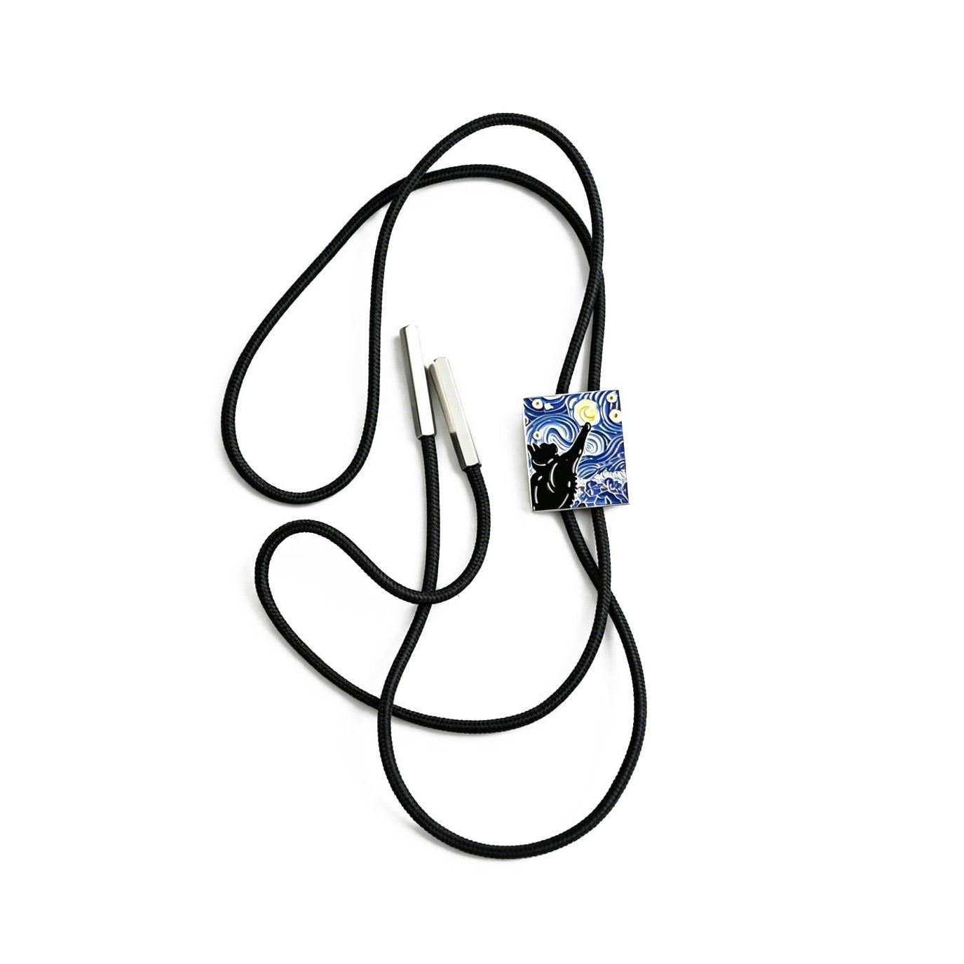 Black bolo tie with a decorative tag on a white background