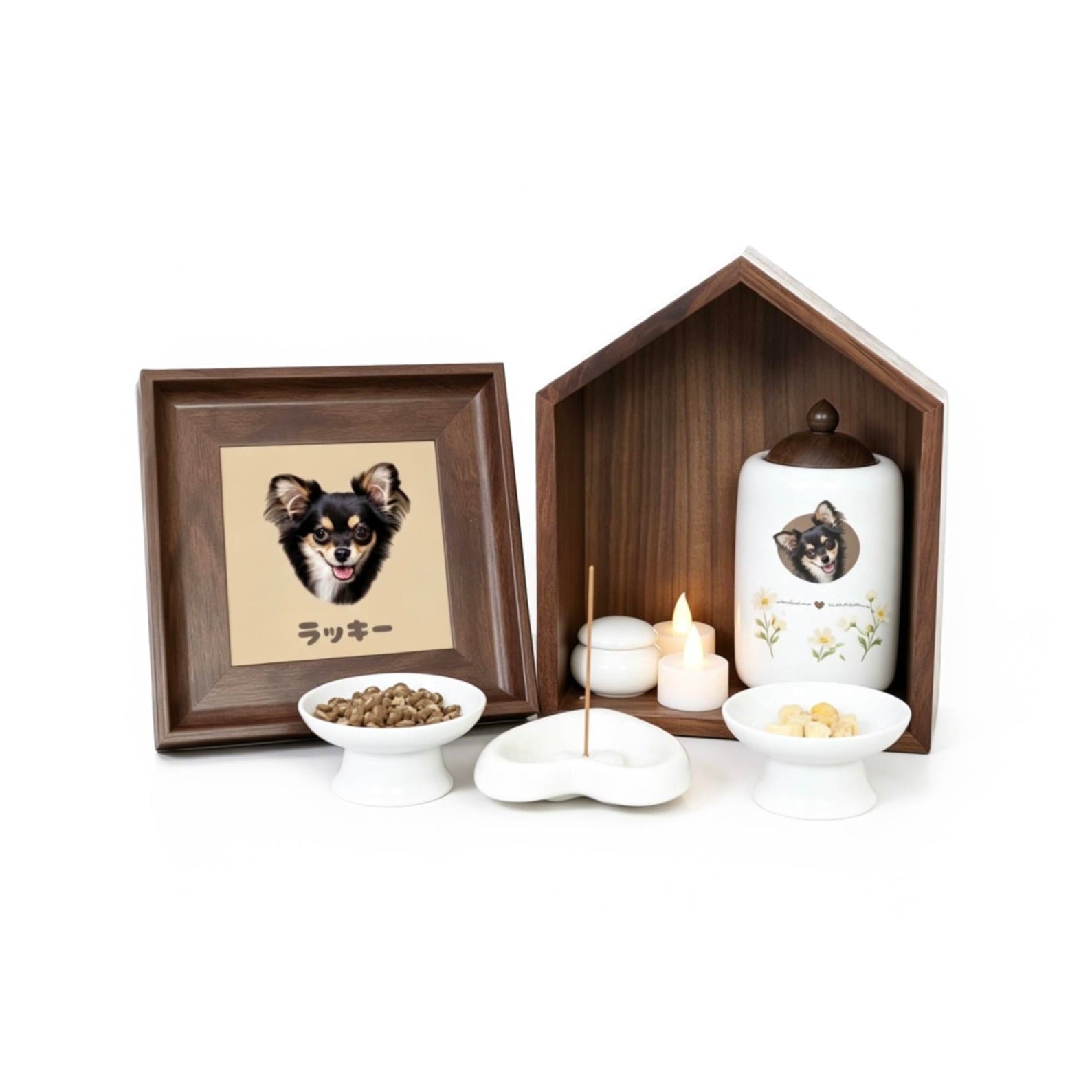 Pet memorial set with photo frame,urn,and offerings on a white background