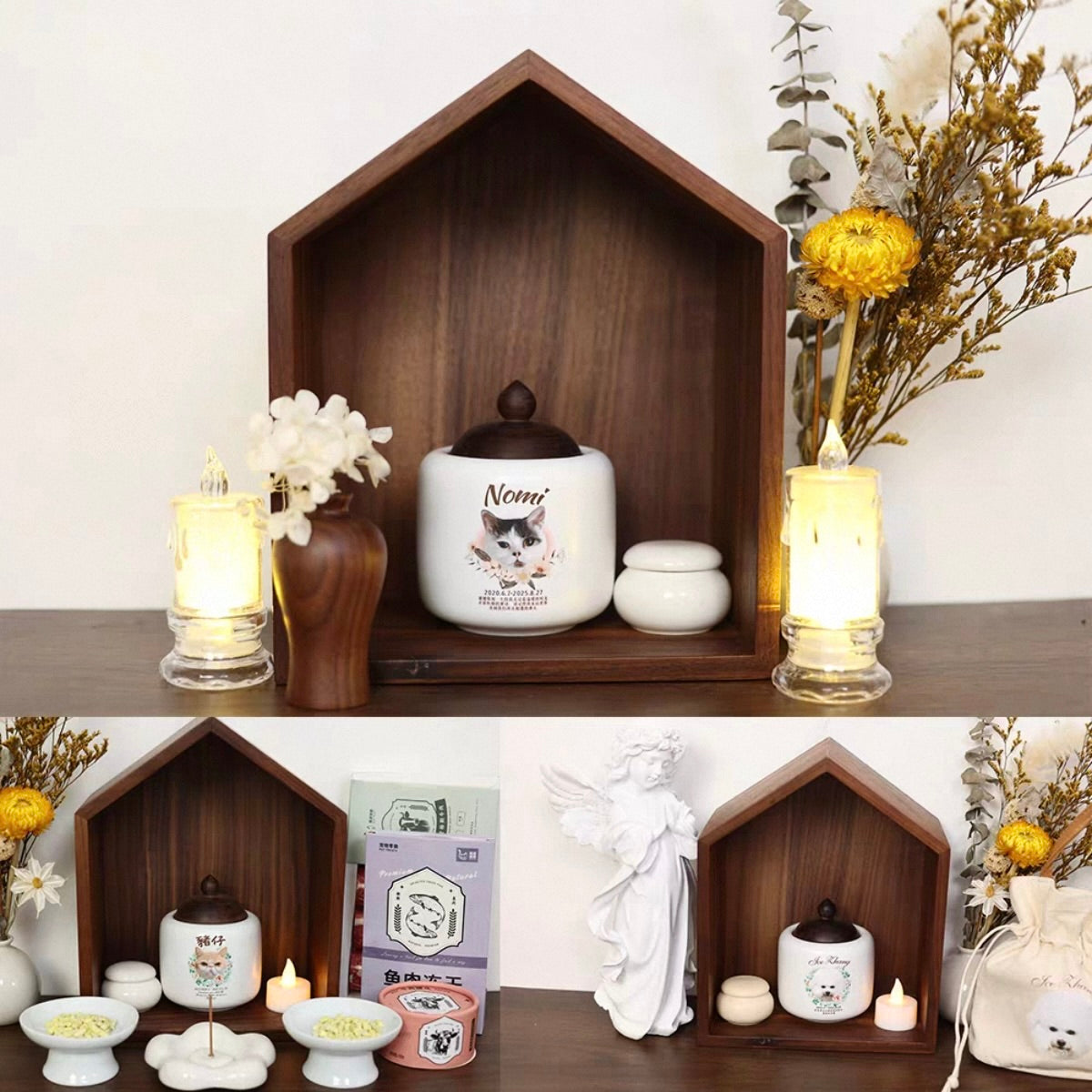 Decorative shelf with candles, flowers, and a cat-themed jar against a white background.