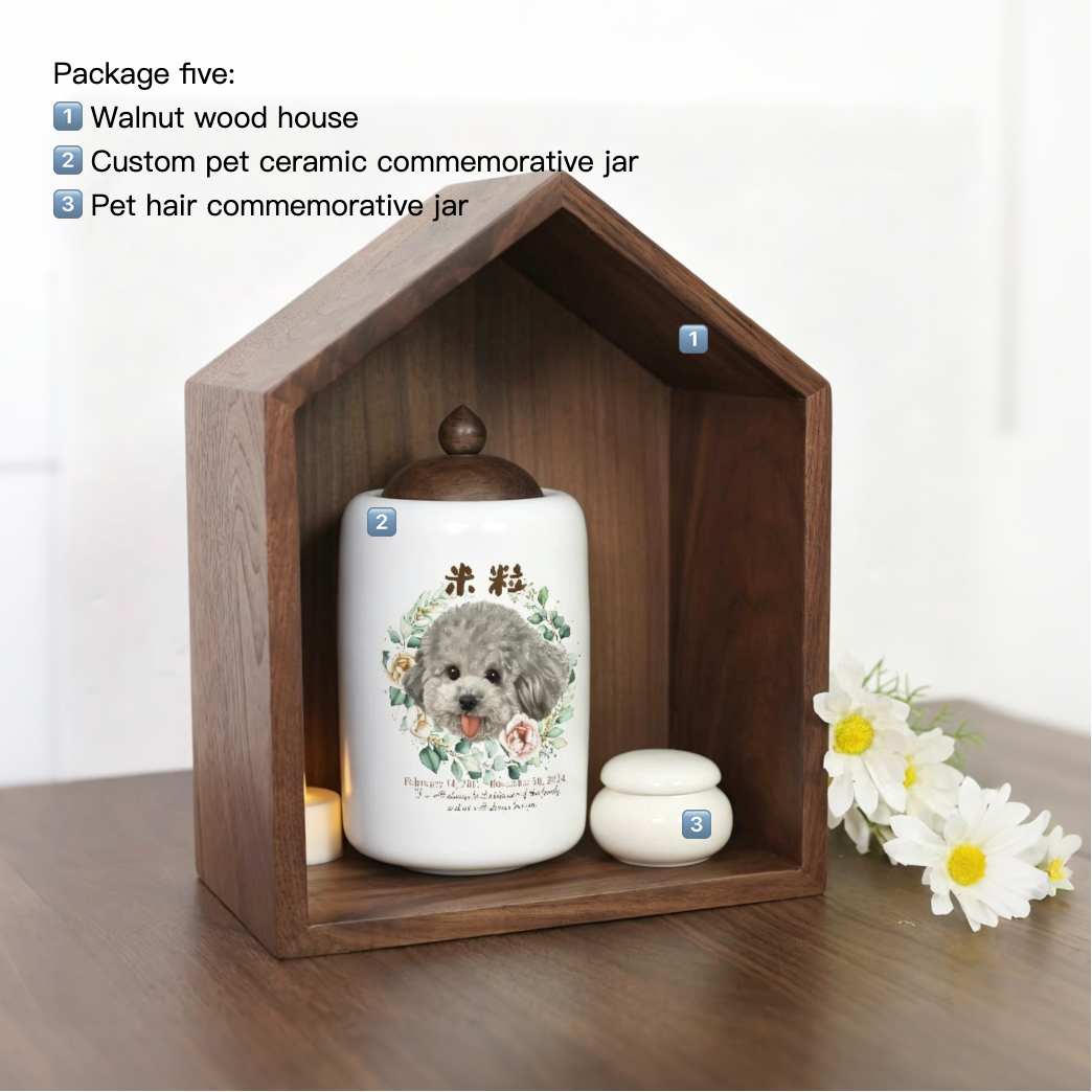Custom pet ceramic commemorative jar with pet hair commemorative jar inside a wooden house-shaped display.