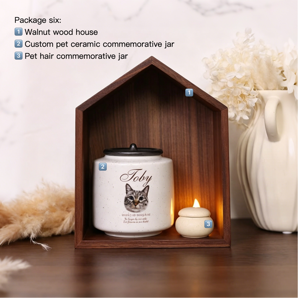 Custom pet ceramic commemorative jar with wooden house-shaped display and pet hair commemorative jar.