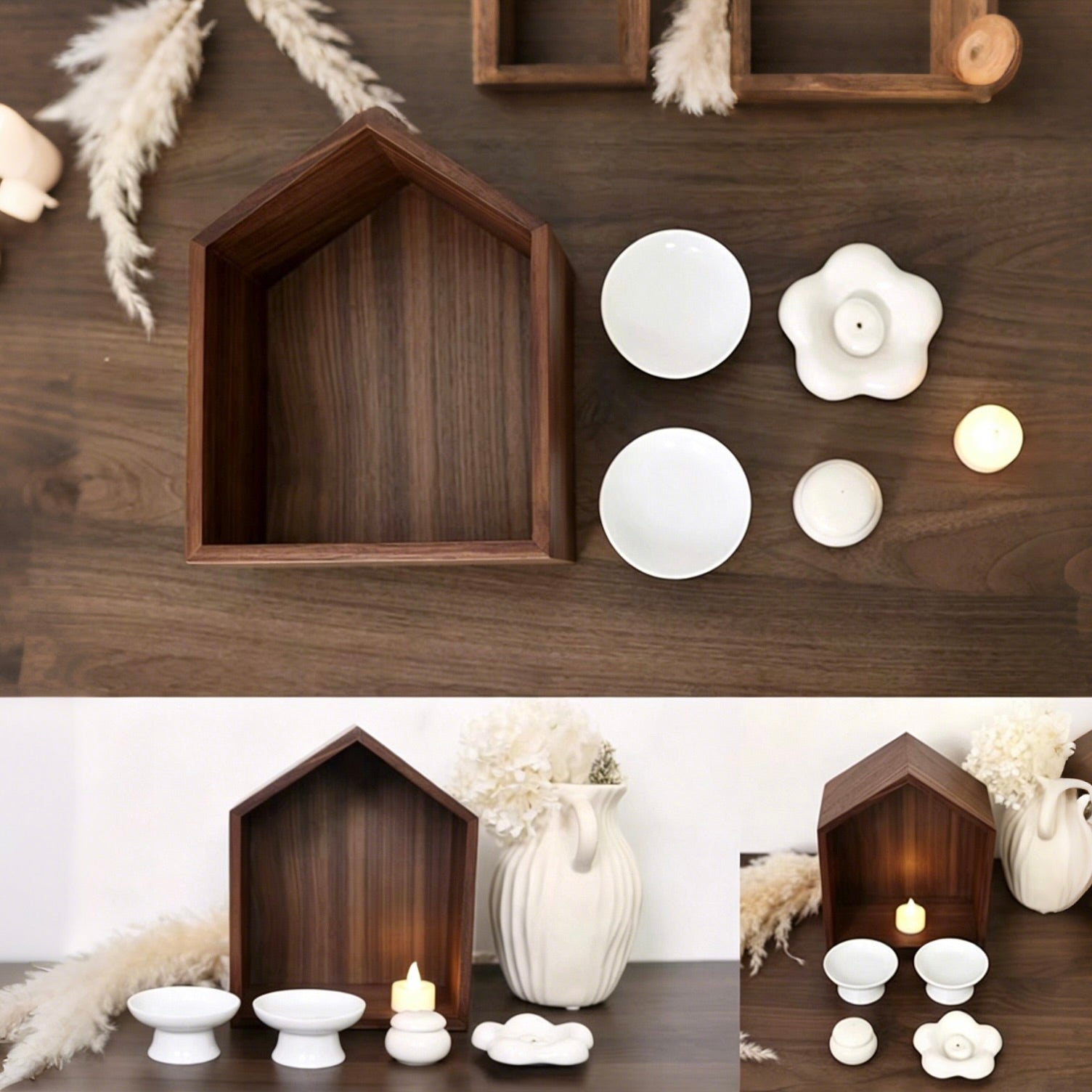 Decorative wooden shelf with white ceramic items on a wooden surface.