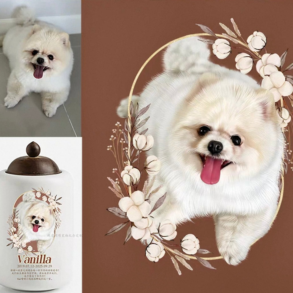 White dog with a floral wreath on a brown background, with a smaller image of the dog and a product labeled 'Vanilla'.