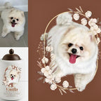 White dog with a floral wreath on a brown background, with a smaller image of the dog and a product labeled 'Vanilla'.