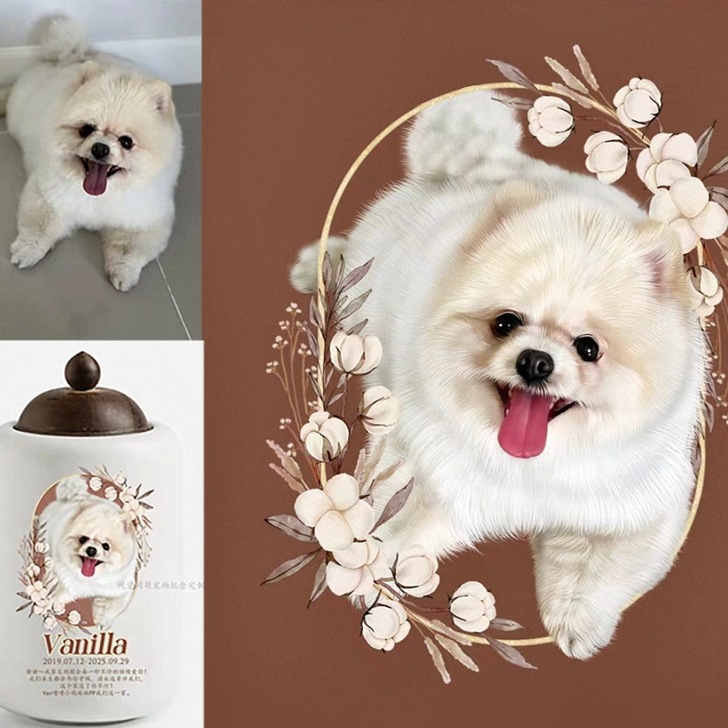 White dog with a floral wreath on a brown background, with a smaller image of the dog and a product labeled 'Vanilla'.