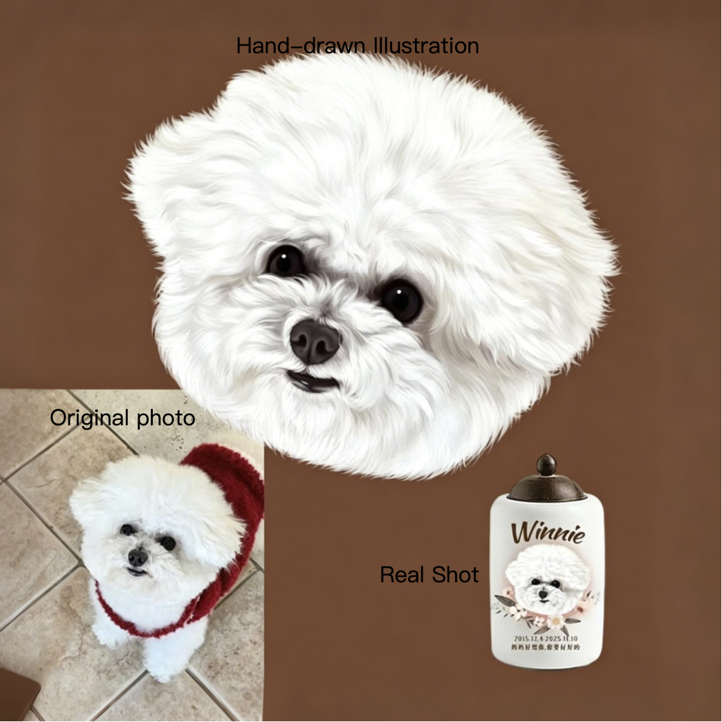Comparison of a hand-drawn illustration, original photo, and real shot of a white dog with a bottle labeled 'Winnie'.