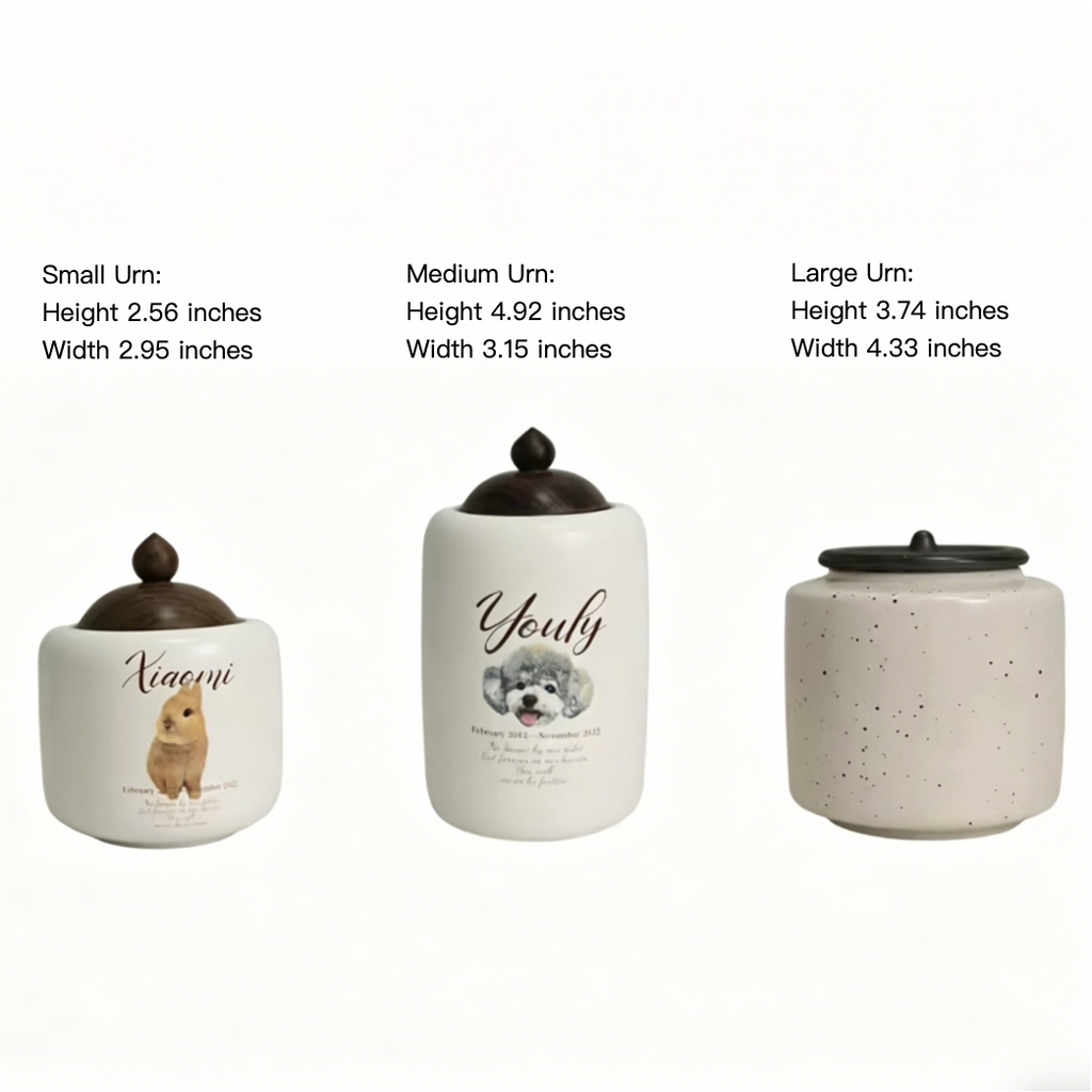 Three urns with different sizes and labels on a white background
