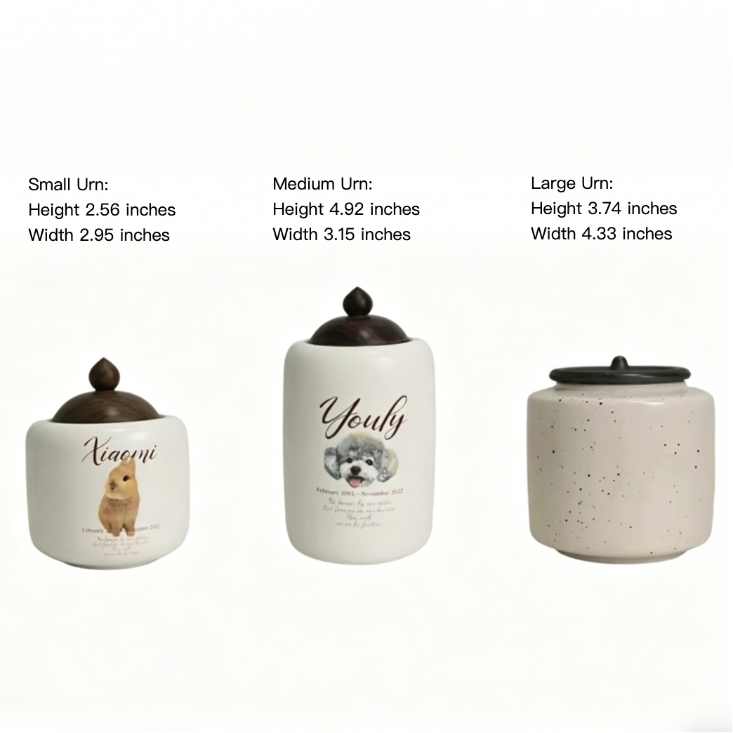 Three urns with different sizes and labels on a white background