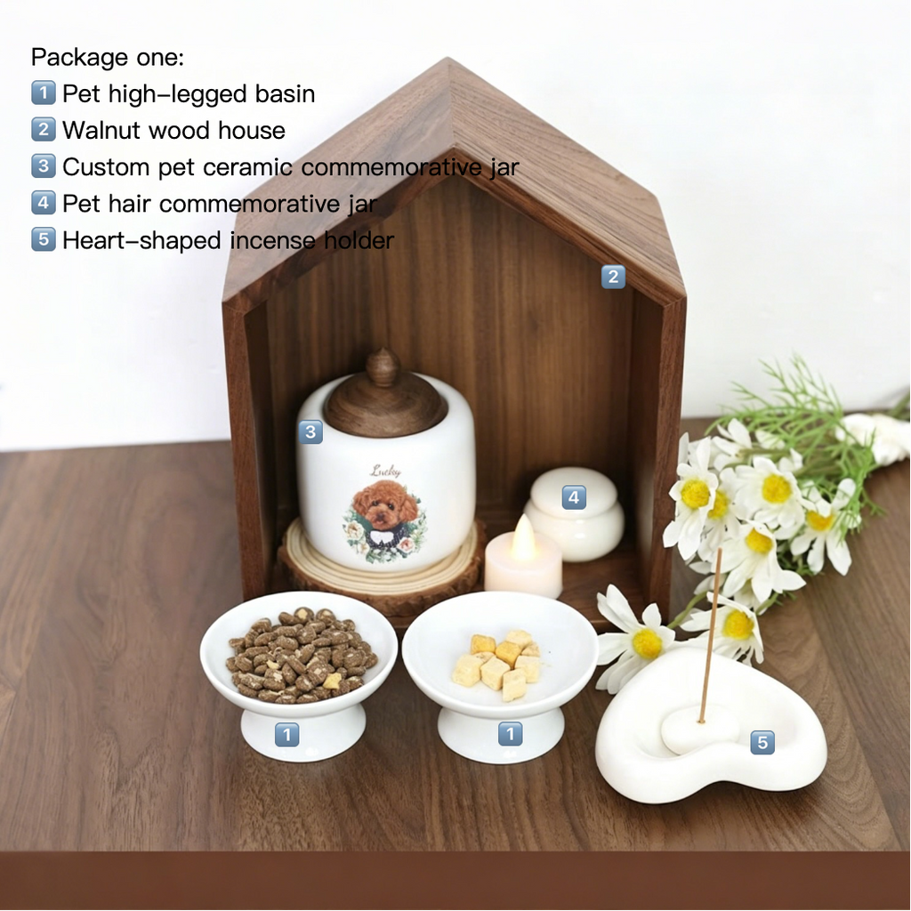 Set of pet-related items including a high-legged basin, walnut wood house, ceramic commemorative jar, and more on a wooden surface.